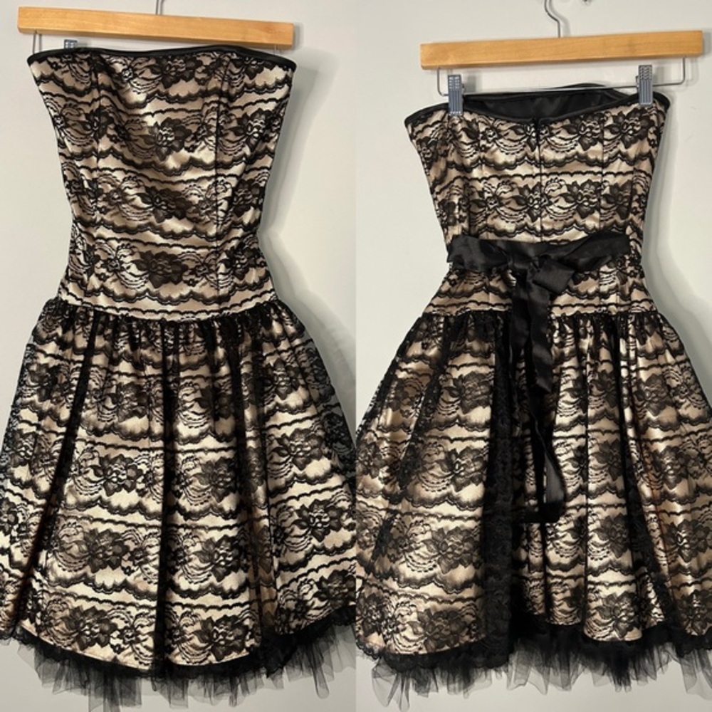 Jessica McClintock for Gunne Sax Black Lace Strapless Tulle Mini Dress - Picture 1 of 9